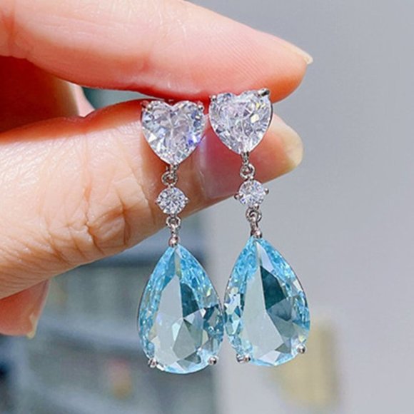 "Sea Blue Color Crystal Party Jewelry Waterdrop CZ Earring for Women, HA4530 - Picture 1 of 4